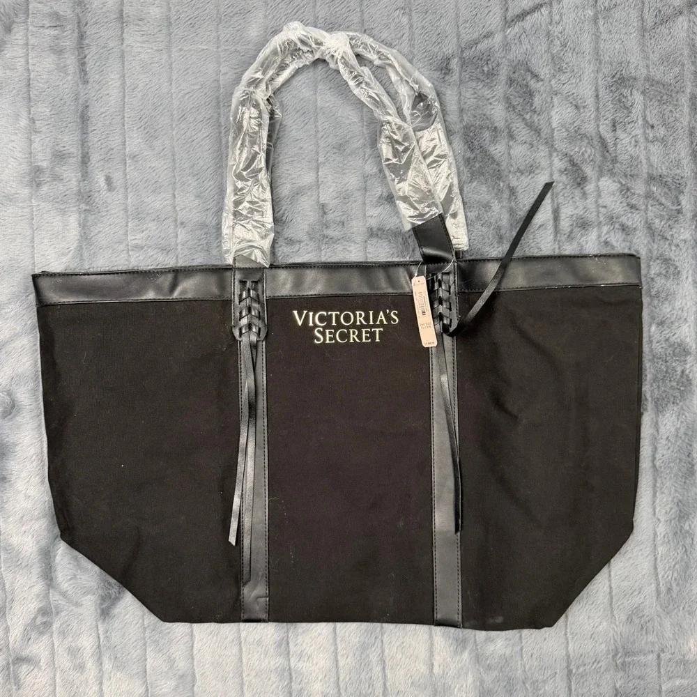 Victoria's Secret Tote Bag Womens OS Black Canvas Faux Leather Braided Tassel